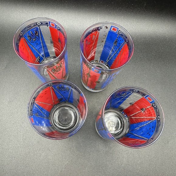 Georges Briard Glasses Gold Barware Tall Highball Patriotic Red Blue MCM Eagle - Picture 2 of 15